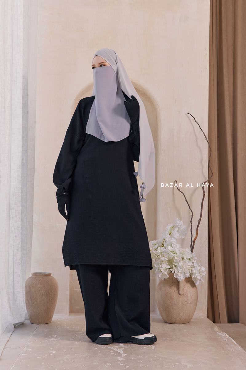 Black Elmira Two Piece Top Dress & Pants Set In Premium Cotton Leon