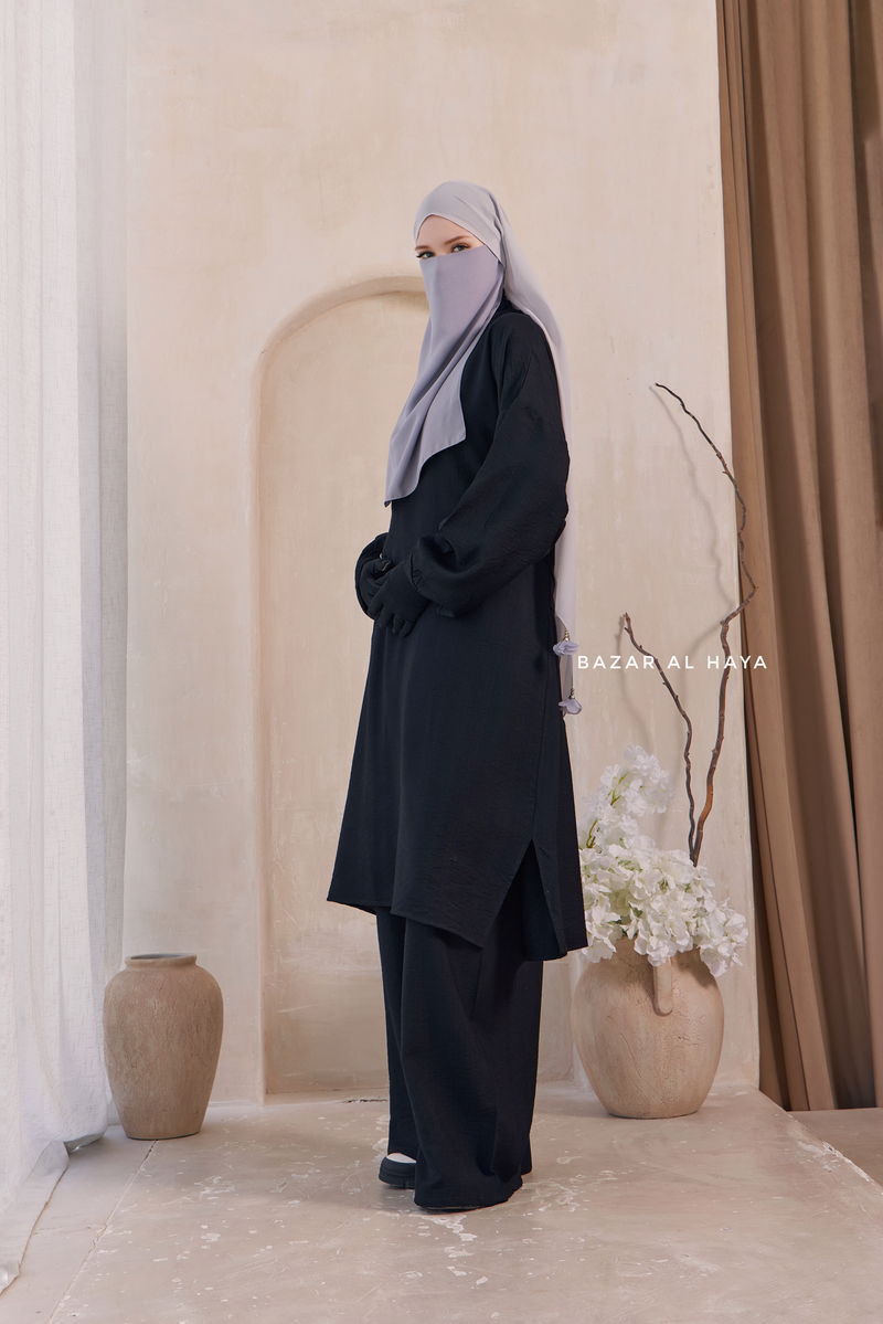 Black Elmira Two Piece Top Dress & Pants Set In Premium Cotton Leon