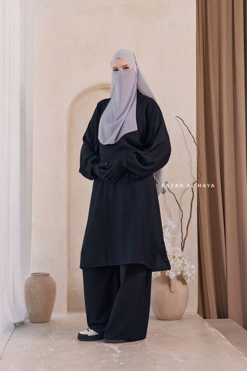 Black Elmira Two Piece Top Dress & Pants Set In Premium Cotton Leon