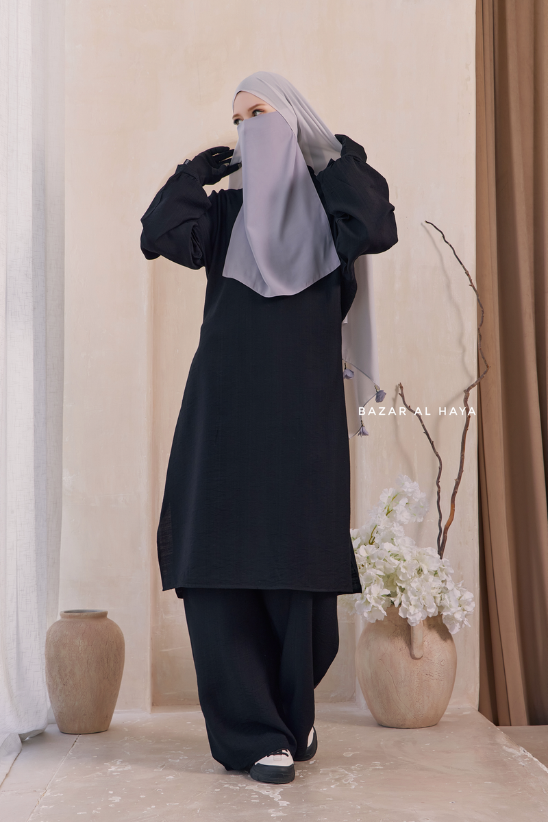 Black Elmira Two Piece Top Dress & Pants Set In Premium Cotton Leon