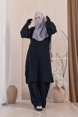 Black Elmira Two Piece Top Dress & Pants Set In Premium Cotton Leon