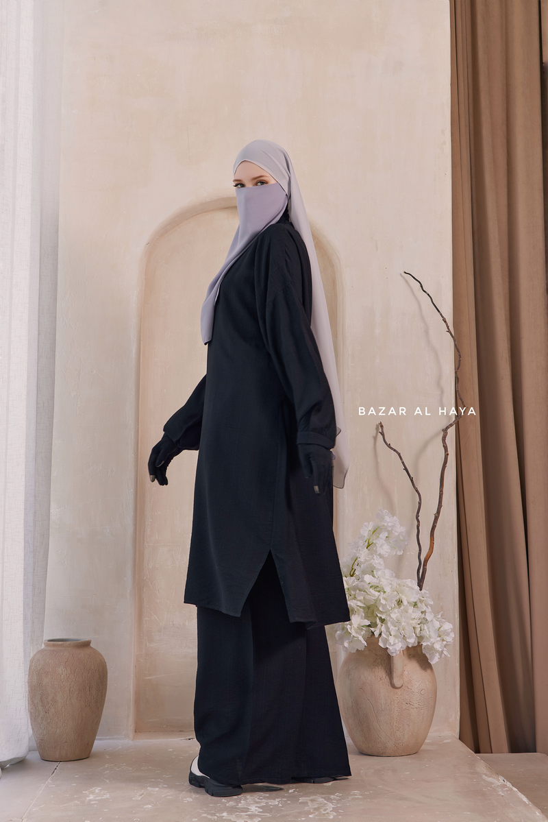 Black Elmira Two Piece Top Dress & Pants Set In Premium Cotton Leon