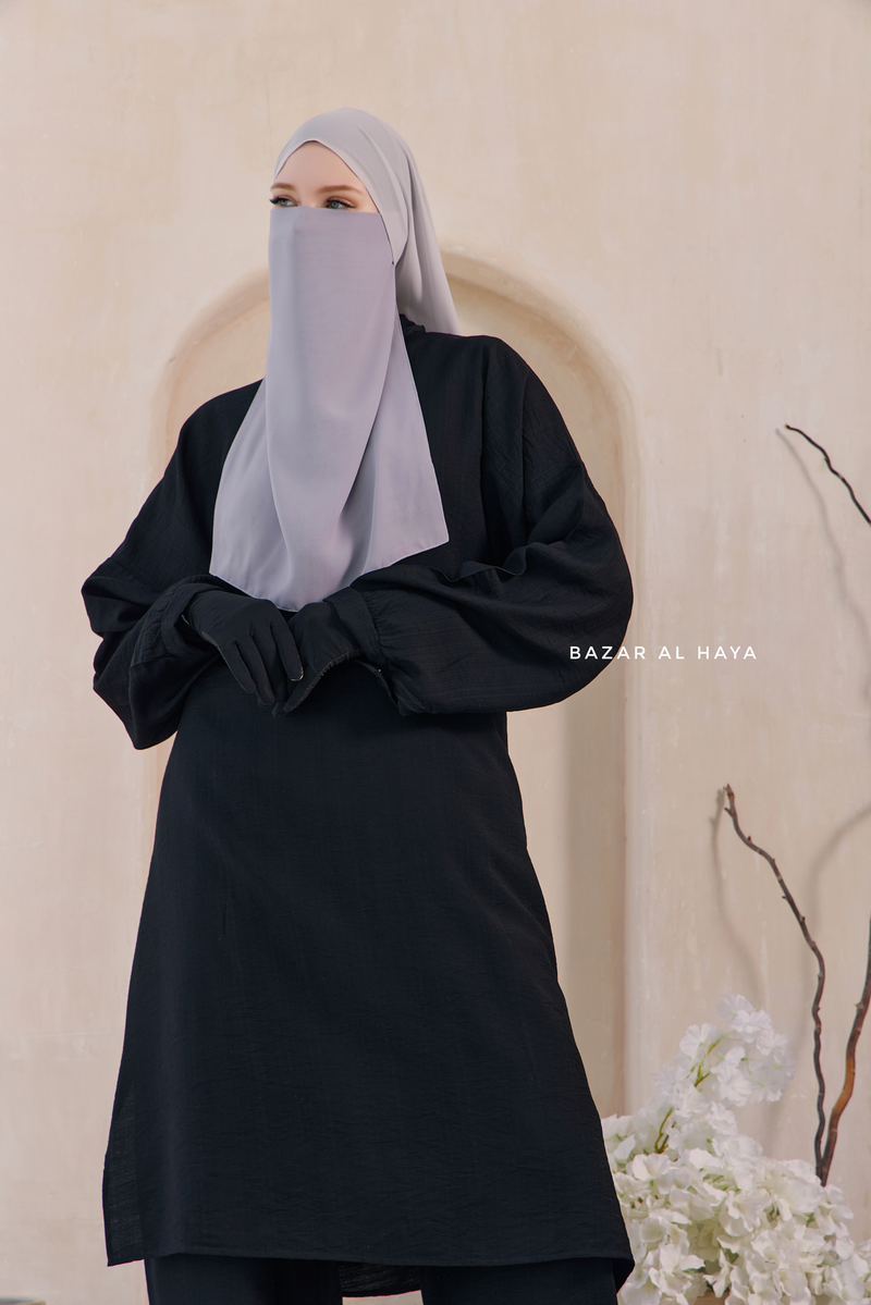 Black Elmira Two Piece Top Dress & Pants Set In Premium Cotton Leon