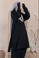 Black Elmira Two Piece Top Dress & Pants Set In Premium Cotton Leon