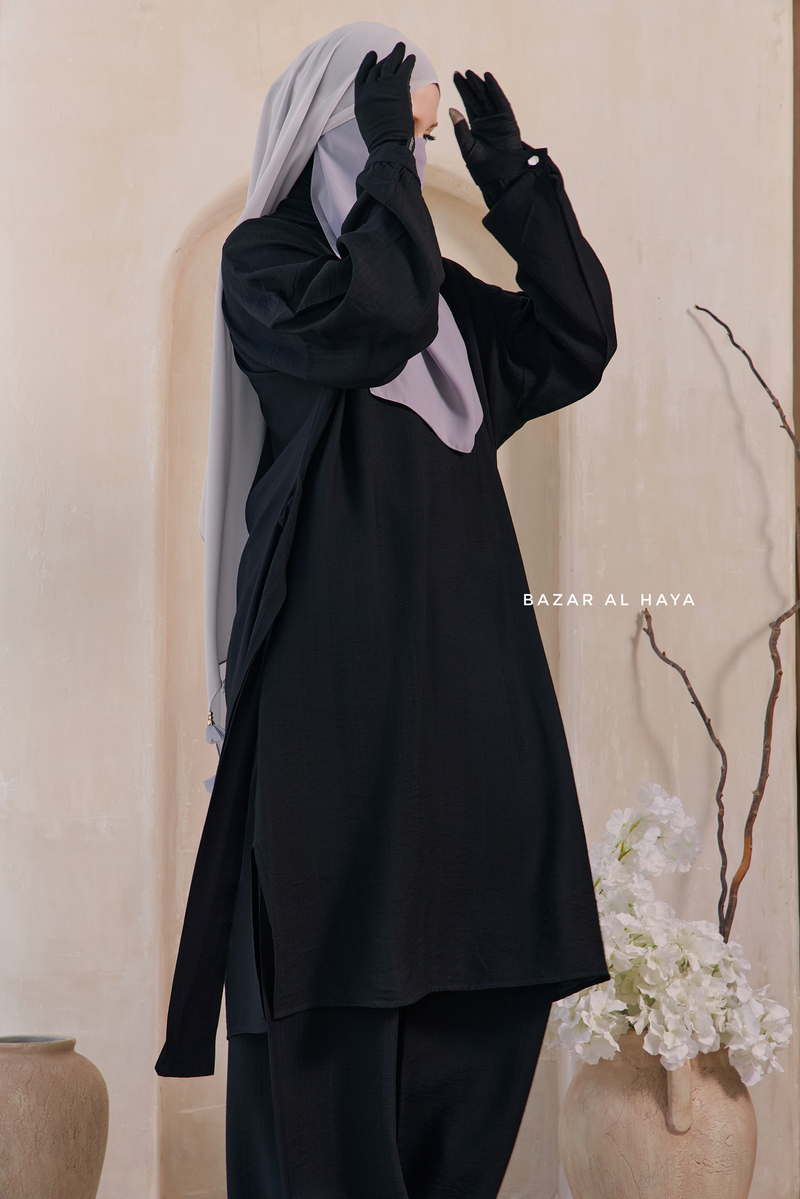 Black Elmira Two Piece Top Dress & Pants Set In Premium Cotton Leon