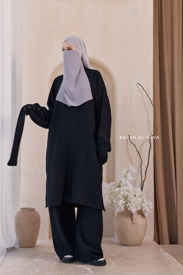 Black Elmira Two Piece Top Dress & Pants Set In Premium Cotton Leon