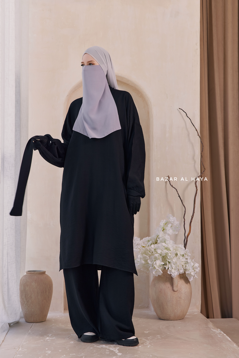Black Elmira Two Piece Top Dress & Pants Set In Premium Cotton Leon
