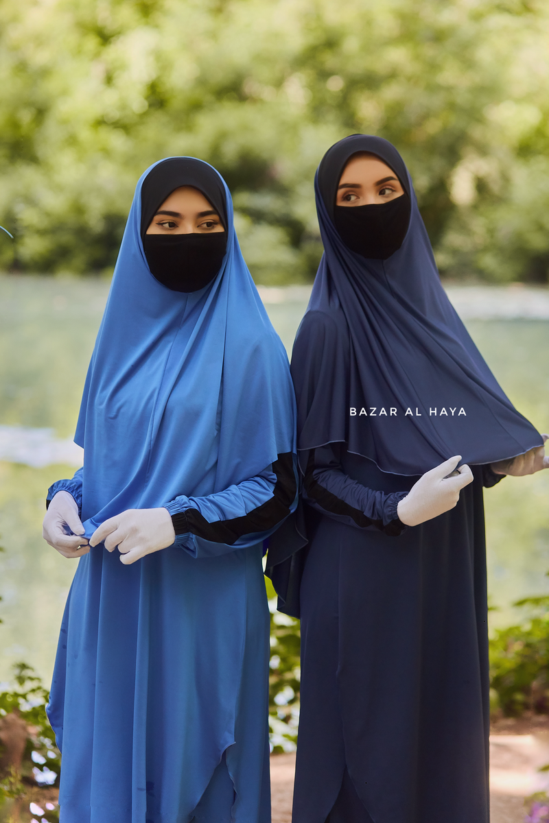 Shuruq Spruce Blue Modest Swimwear Three Piece Set With Swimdress, Khimar, & Pants - Enjoy The Comfort