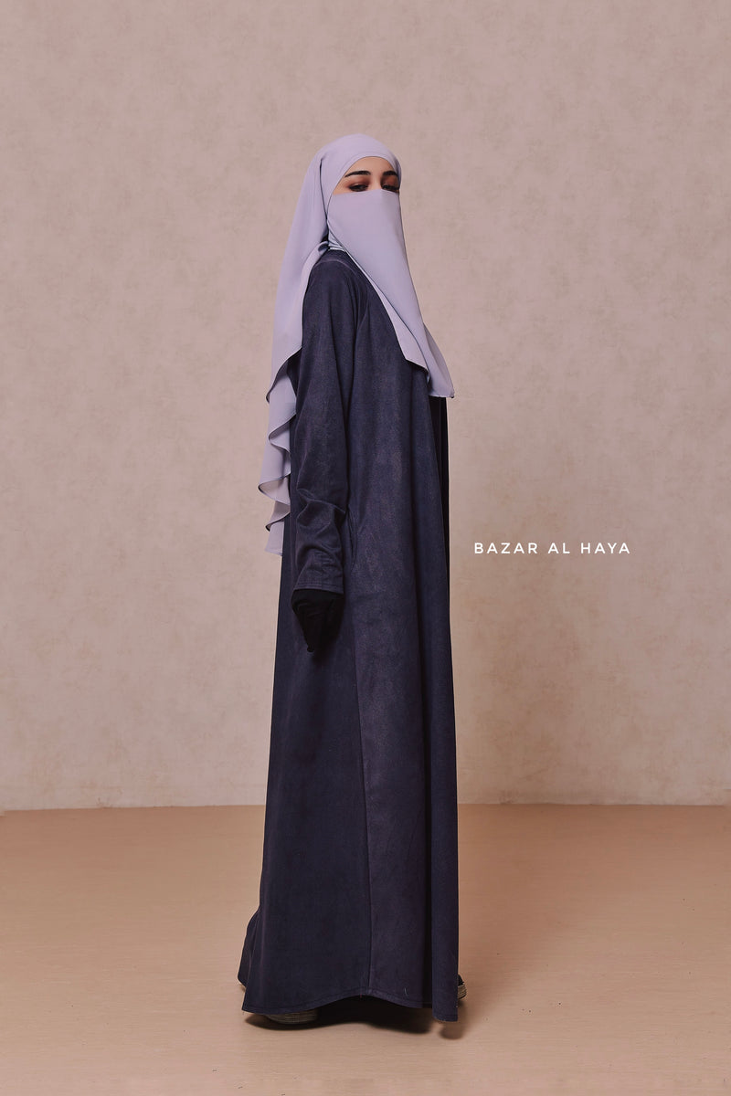 Naval Yamina Front & Sleeve Zipper Abaya Dress With Side Pockets - Textured Suede