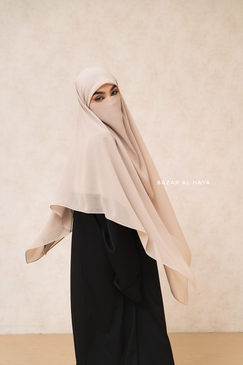 Creme Beige Square Scarf With Half Niqab Set - Super Breathable