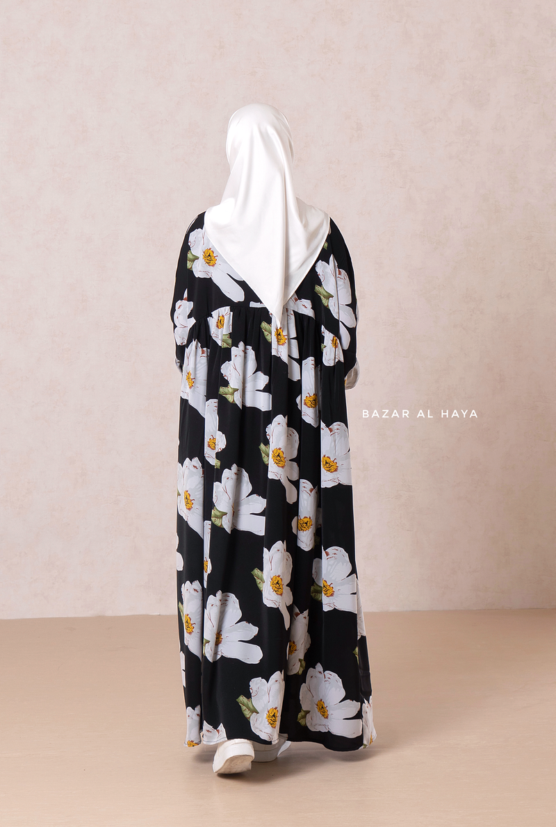 Muna Black Loose Fit Summer Abaya Dress - Viscose Cotton & Daisy Flower Print