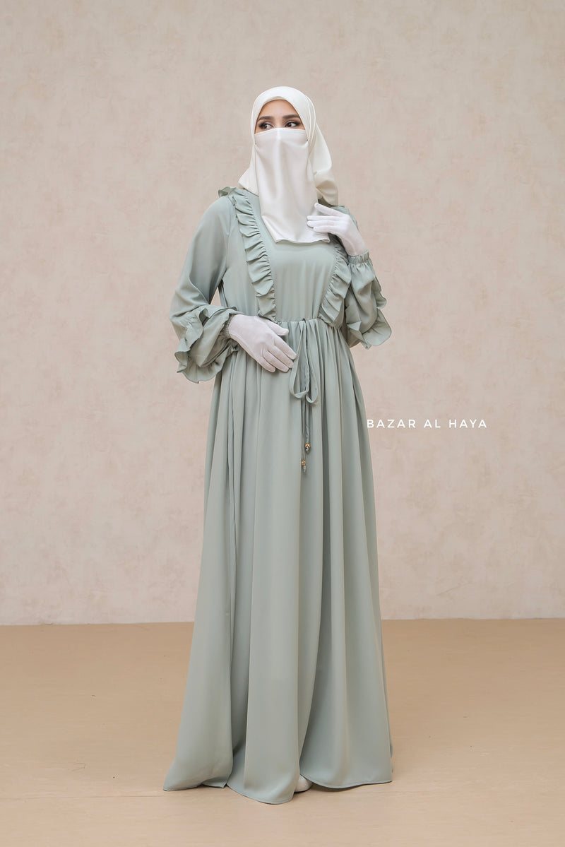 Afsah Mint Ruffle Lightweight Summer Spring Abaya Dress - Soft Breathable Crepe Cotton