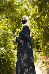 Sadia Dark Midnight Floral Dress In 100% Cotton Summer Tiered Style Abaya - Front Zipper
