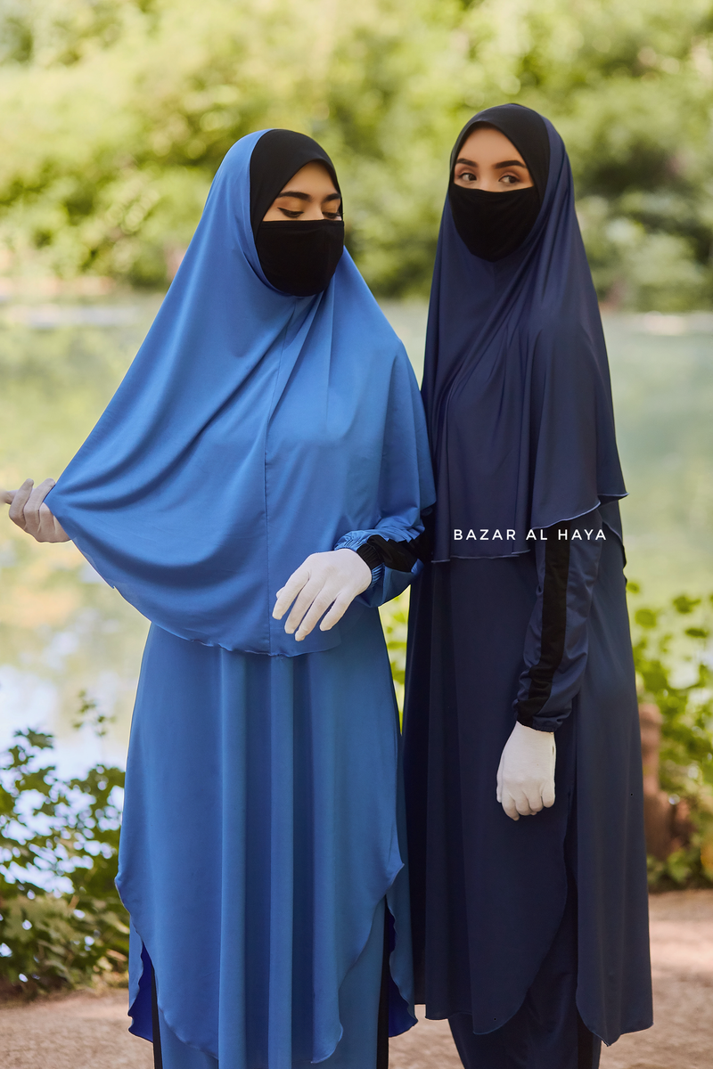 Shuruq Spruce Blue Modest Swimwear Three Piece Set With Swimdress, Khimar, & Pants - Enjoy The Comfort