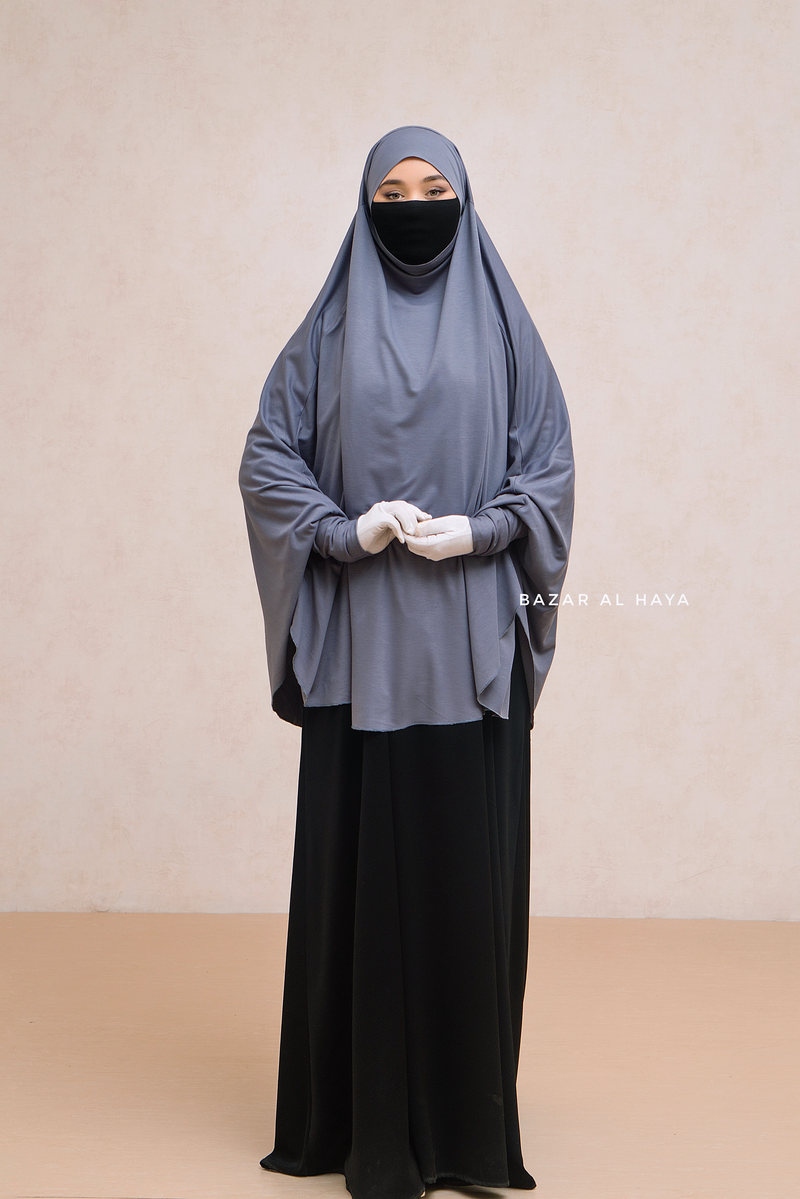 Steel Grey Cotton Abida Khimar With Sleeves - Soft Cotton