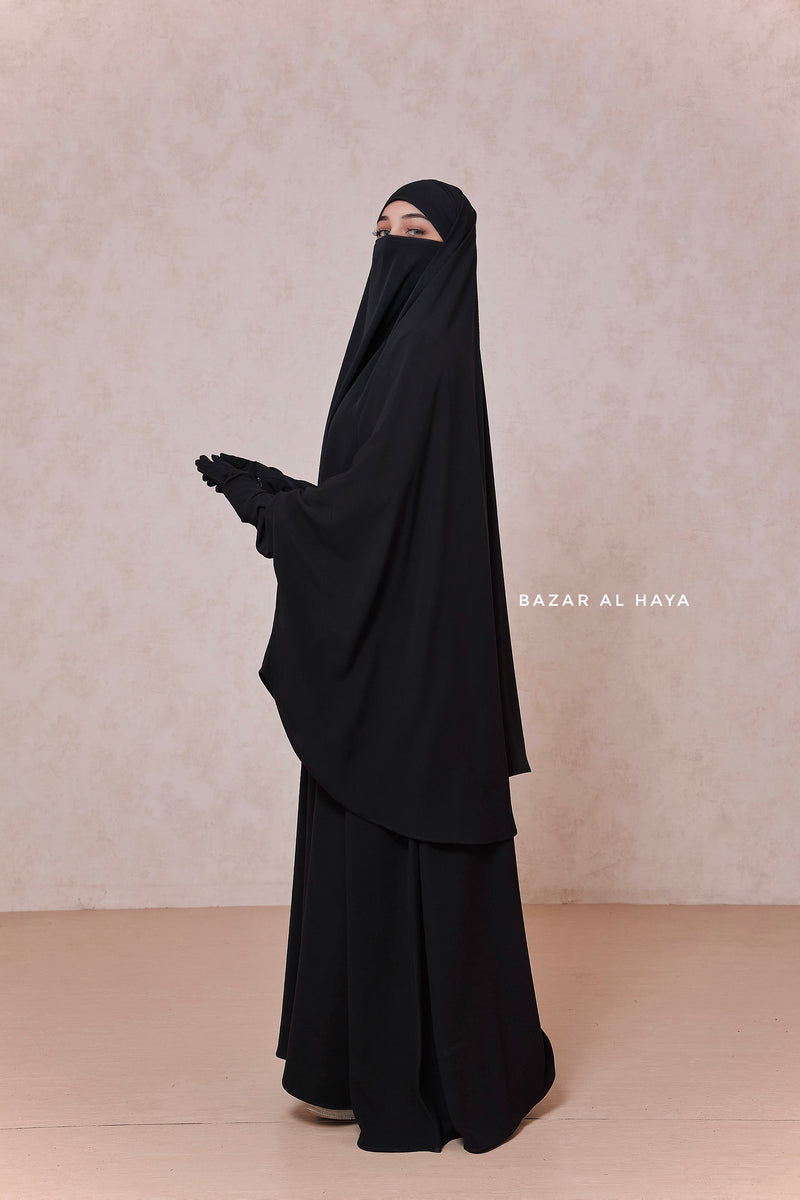 Yasmin Black Two Piece Jilbab With Dress & Khimar - Relaxed Fit, Light, Soft & Breathable