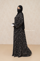 Amira Black Chiffon With Tie Neck Strings Abaya Dress - Puff Sleeves