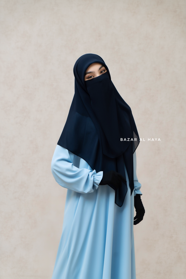 Square Scarf With Half Niqab Set In Dark Blue - Super Breathable - Medium