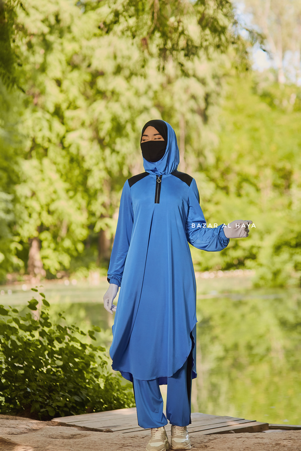 Shuruq Blue Modest Swimwear Three Piece Set With Swimdress, Khimar, & Pants - Enjoy The Comfort