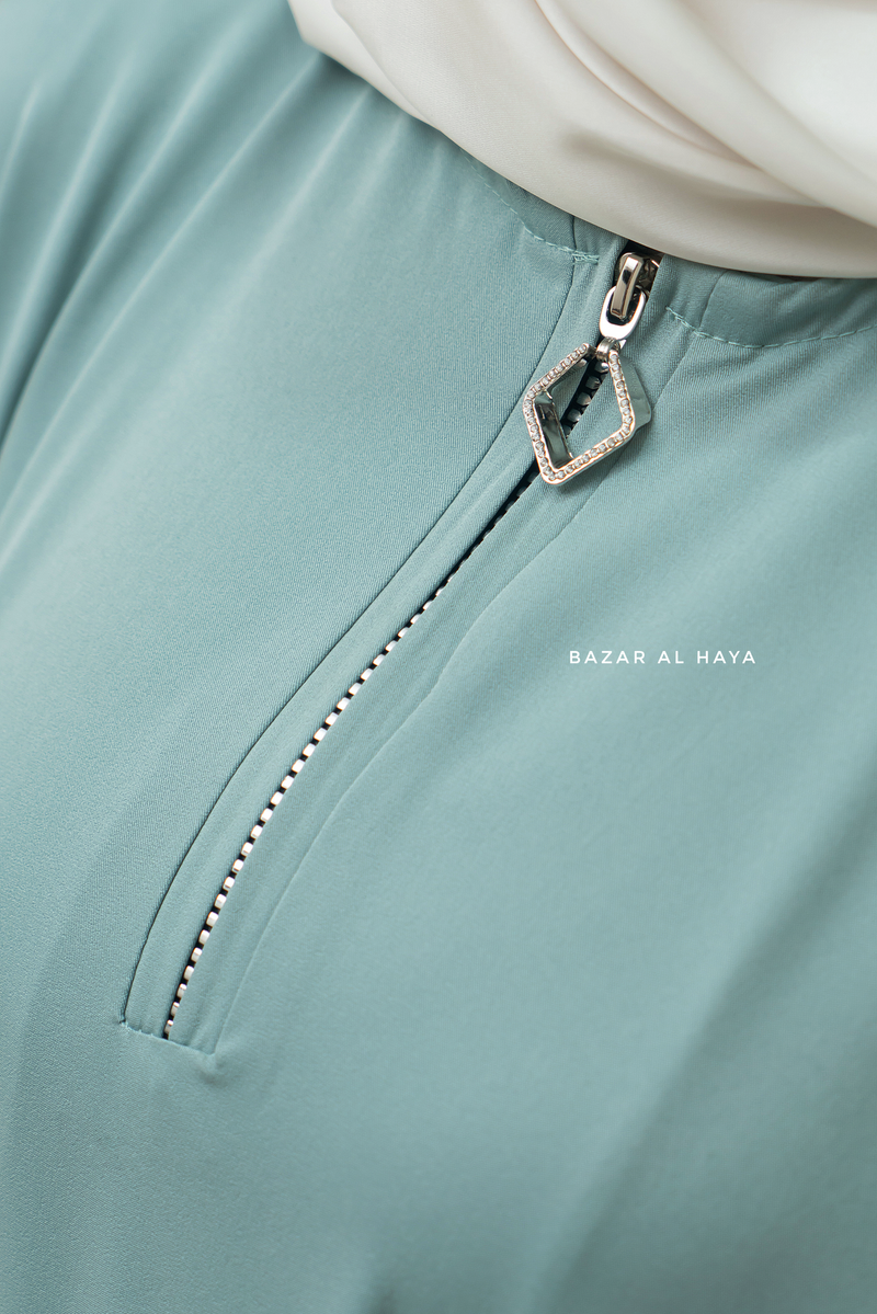 Badra Mint Butterfly Abaya With Flair Bottom & Zipper Sleeves - Silk Crepe