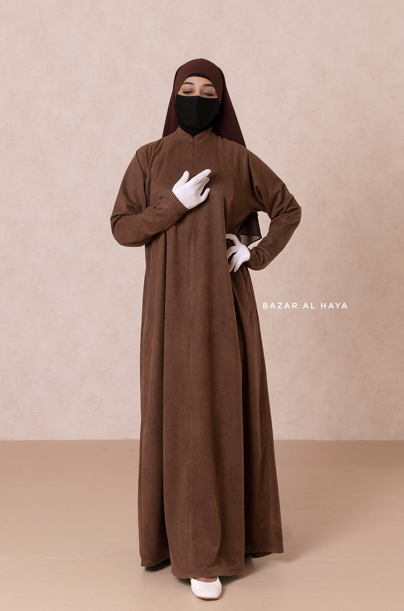 Chocolate Yamina Front & Sleeve Zipper Abaya Dress With Side Pockets - Textured Suede