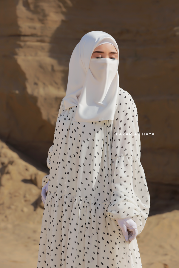 Amira White Chiffon Abaya Dress With Puff Sleeves - Double Layer