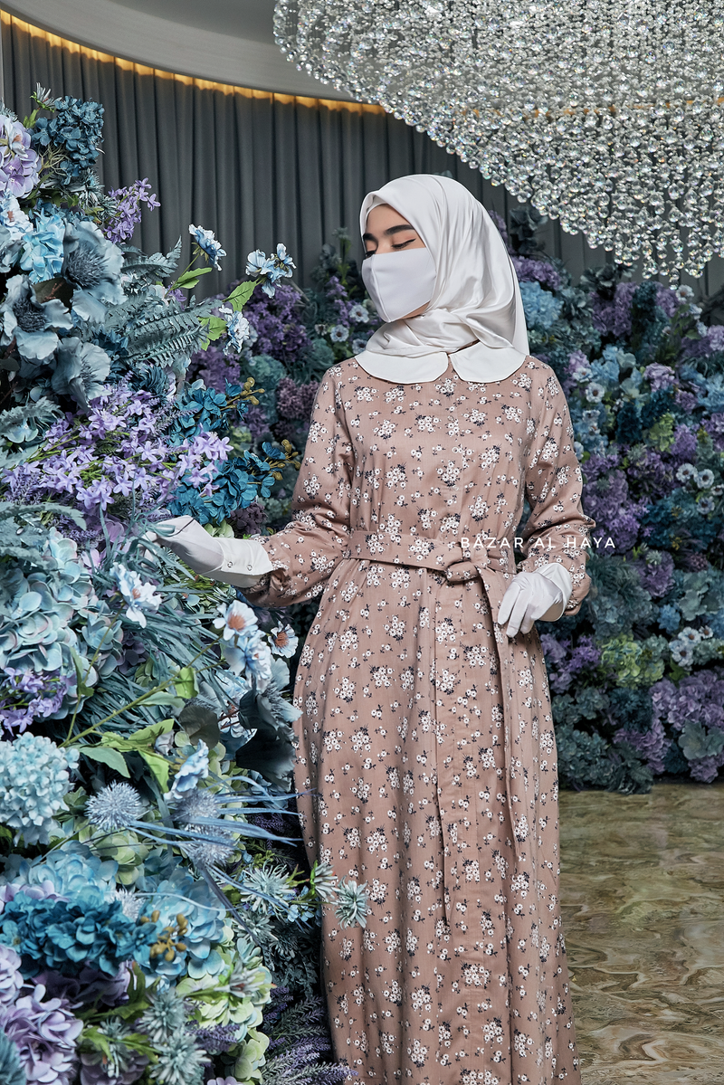 Kamila Taupe Floral Summer Abaya Dress With Belt - Breathable Quality Cotton