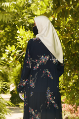 Sadia Dark Midnight Floral Dress In 100% Cotton Summer Tiered Style Abaya - Front Zipper