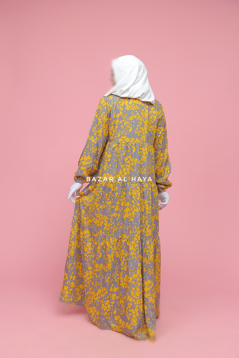 Sadia Yellow & Grey Floral Abaya Dress 100% Cotton Summer Tiered Style With Front Zipper