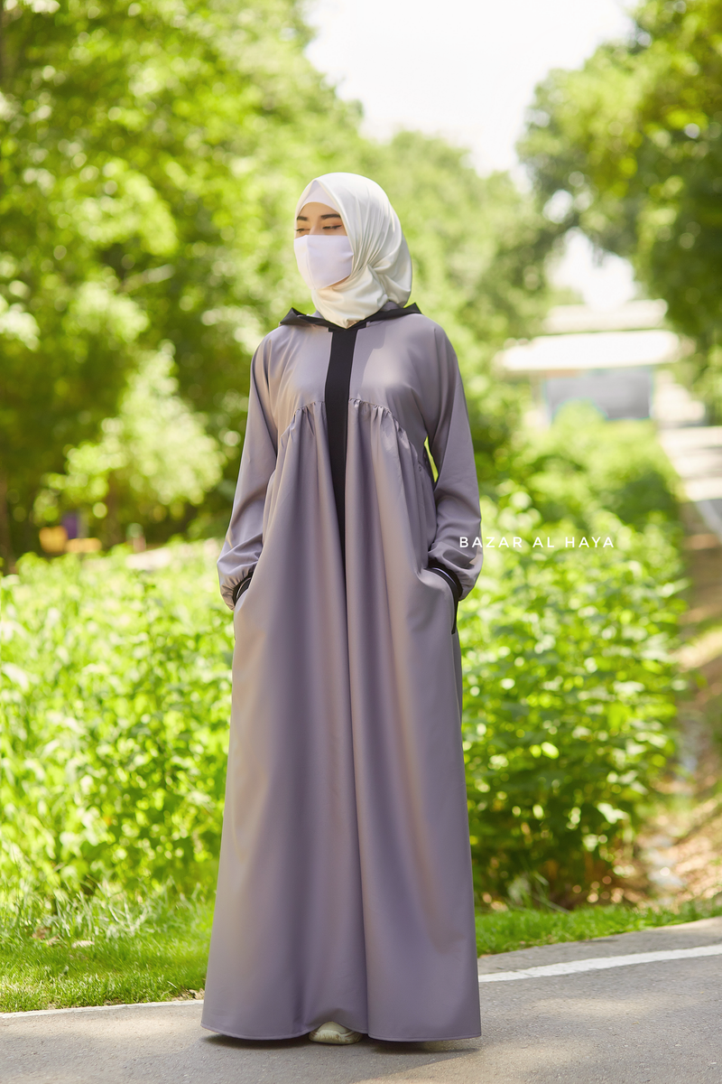 Kalina Grey Hooded Silk Crepe Abaya Dress With Pockets - Mediumweight