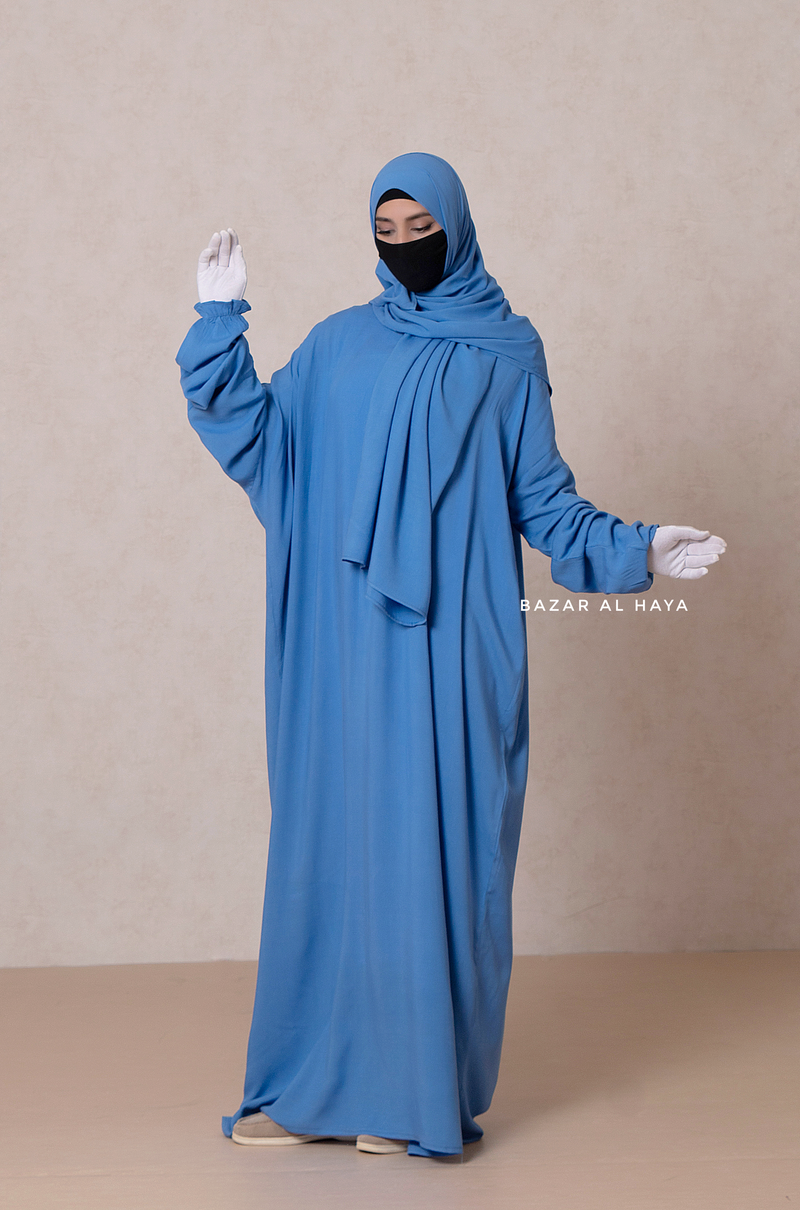 Prayer / Salah Dress One Piece Jilbab Blue 100% Cotton - Super Breathable Comfy Style