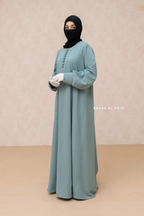 Rania Mint Abaya Dress Half-Placket Button Front & Sleeve - Mediumweight Soft Crepe Cotton