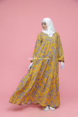Sadia Yellow & Grey Floral Abaya Dress 100% Cotton Summer Tiered Style With Front Zipper