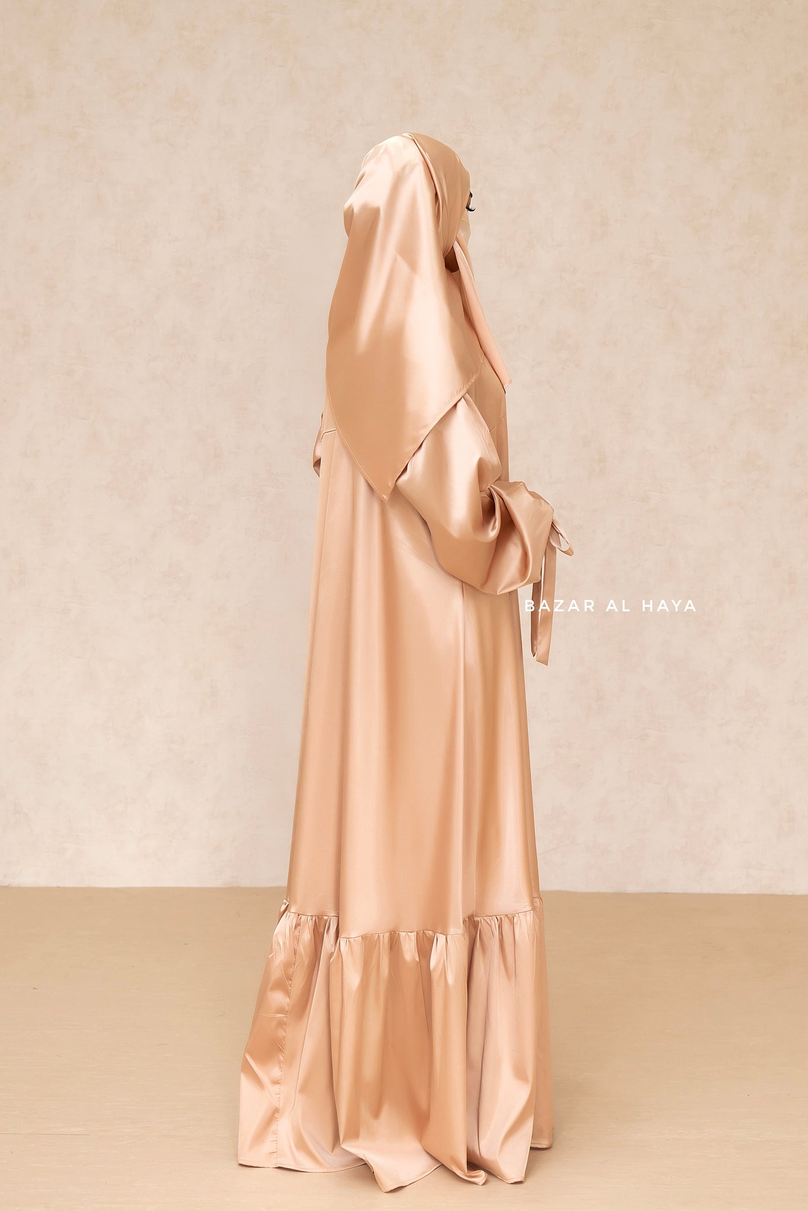 green emerald velvet dress Modest Satin Dress | Gold Champagne | XL - 60 | Buttoned High Neckline, Long Sleeves, Pleats, Belt | Clothing main image 0