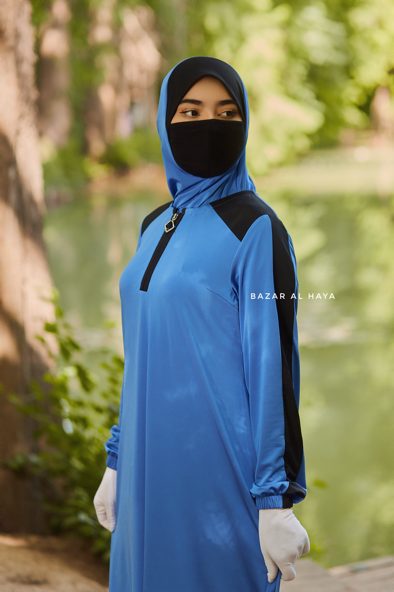 Shuruq Blue Modest Swimwear Three Piece Set With Swimdress, Khimar, & Pants - Enjoy The Comfort