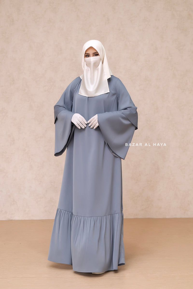 Bushra Dress - Steel Grey Layered Ruffle Sleeve Abaya - Premium Sultansha