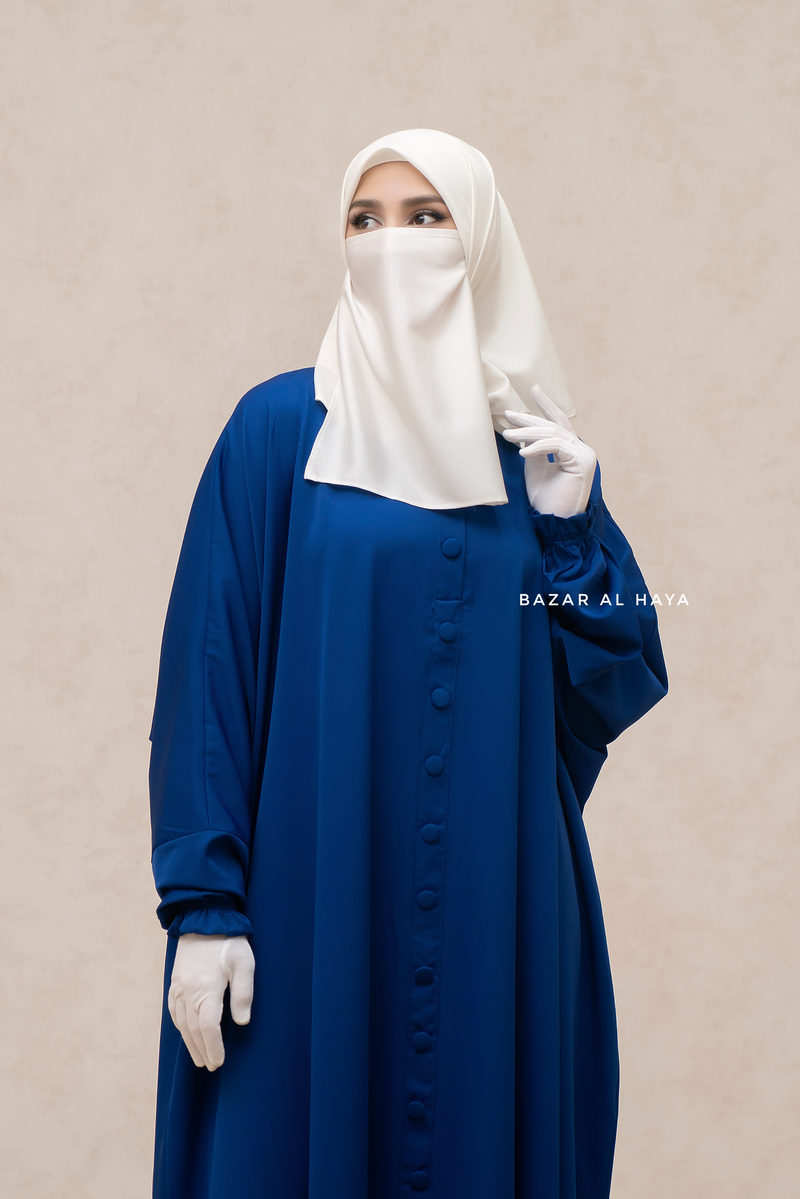 Royal Blue Safa Loose - Fit Abaya With Button Front - Silk Crepe