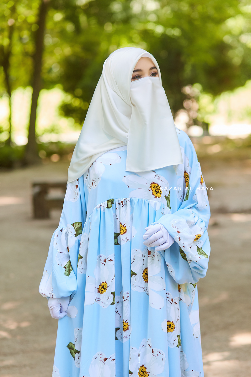 Baby Blue Muna Loose Fit Summer Abaya Dress - Viscose Cotton & Daisy Flower Print