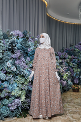 Kamila Taupe Floral Summer Abaya Dress With Belt - Breathable Quality Cotton