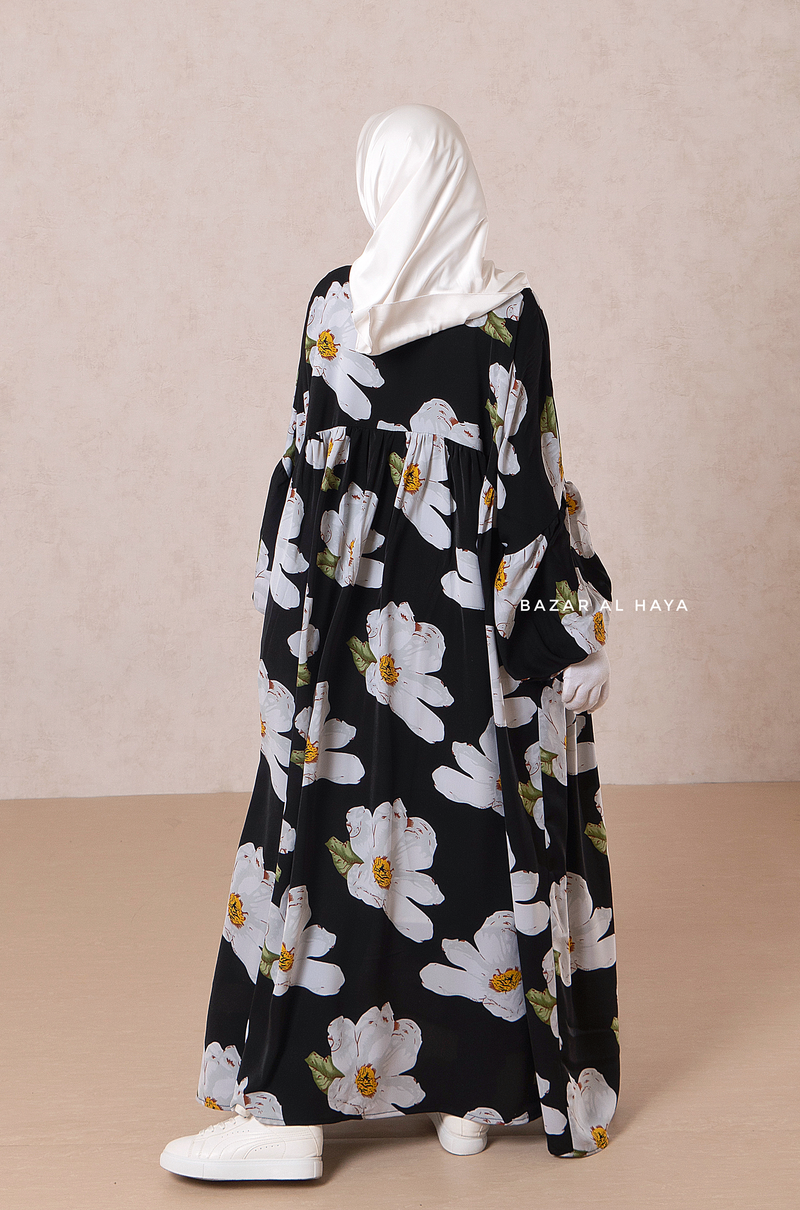 Muna Black Loose Fit Summer Abaya Dress - Viscose Cotton & Daisy Flower Print