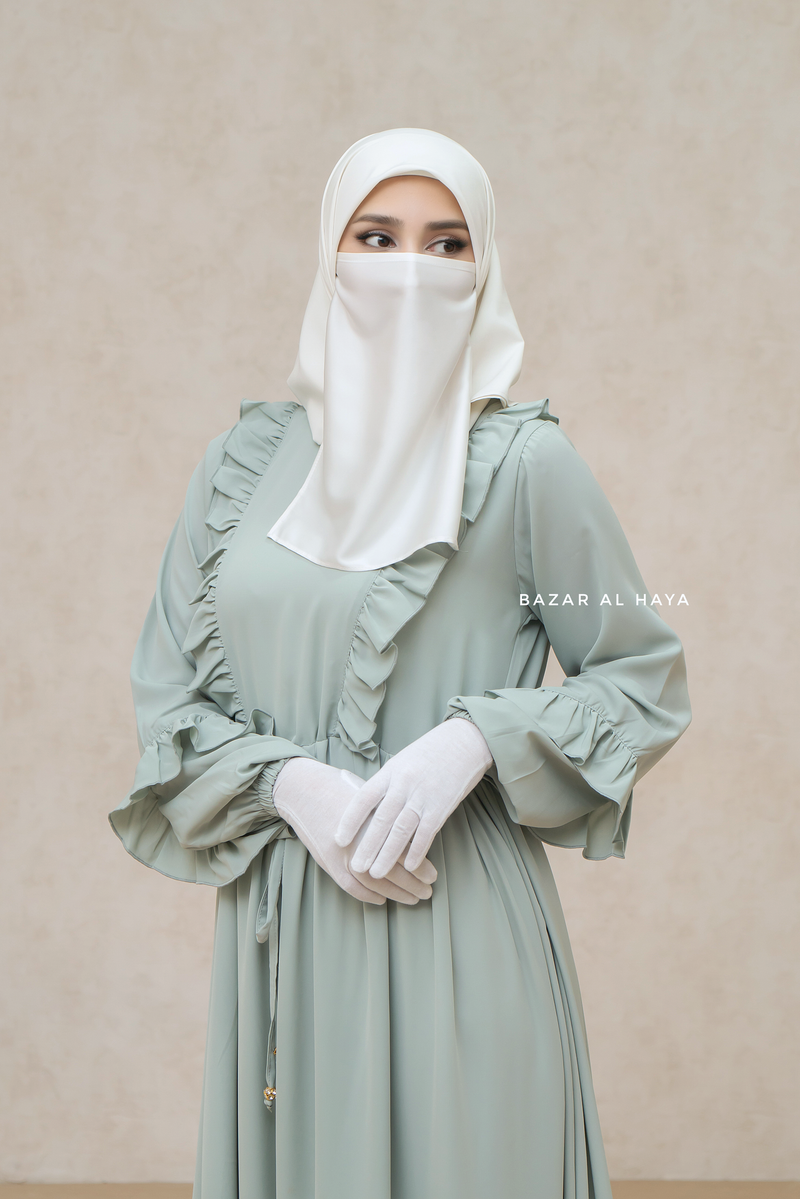 Afsah Mint Ruffle Lightweight Summer Spring Abaya Dress - Soft Breathable Crepe Cotton