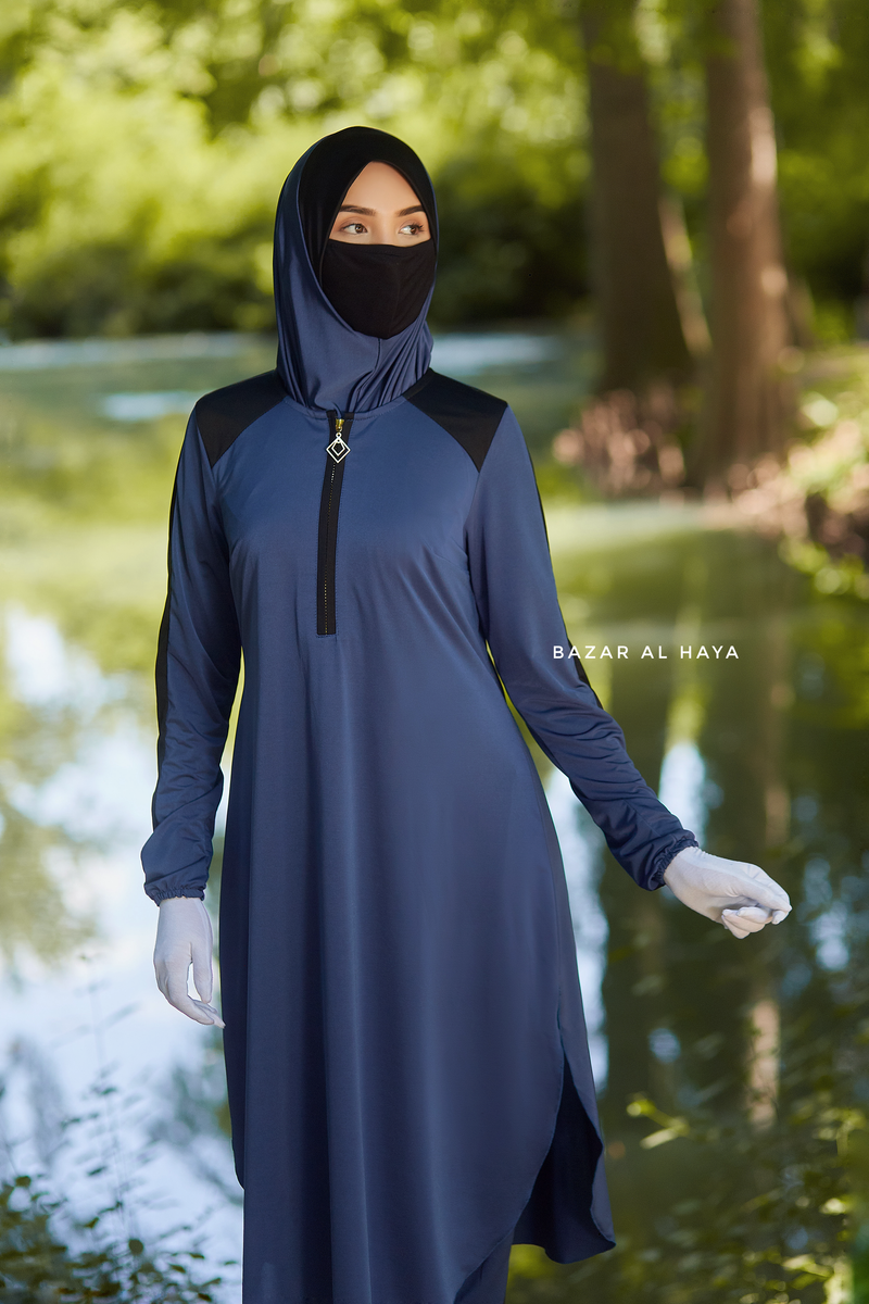 Shuruq Spruce Blue Modest Swimwear Three Piece Set With Swimdress, Khimar, & Pants - Enjoy The Comfort