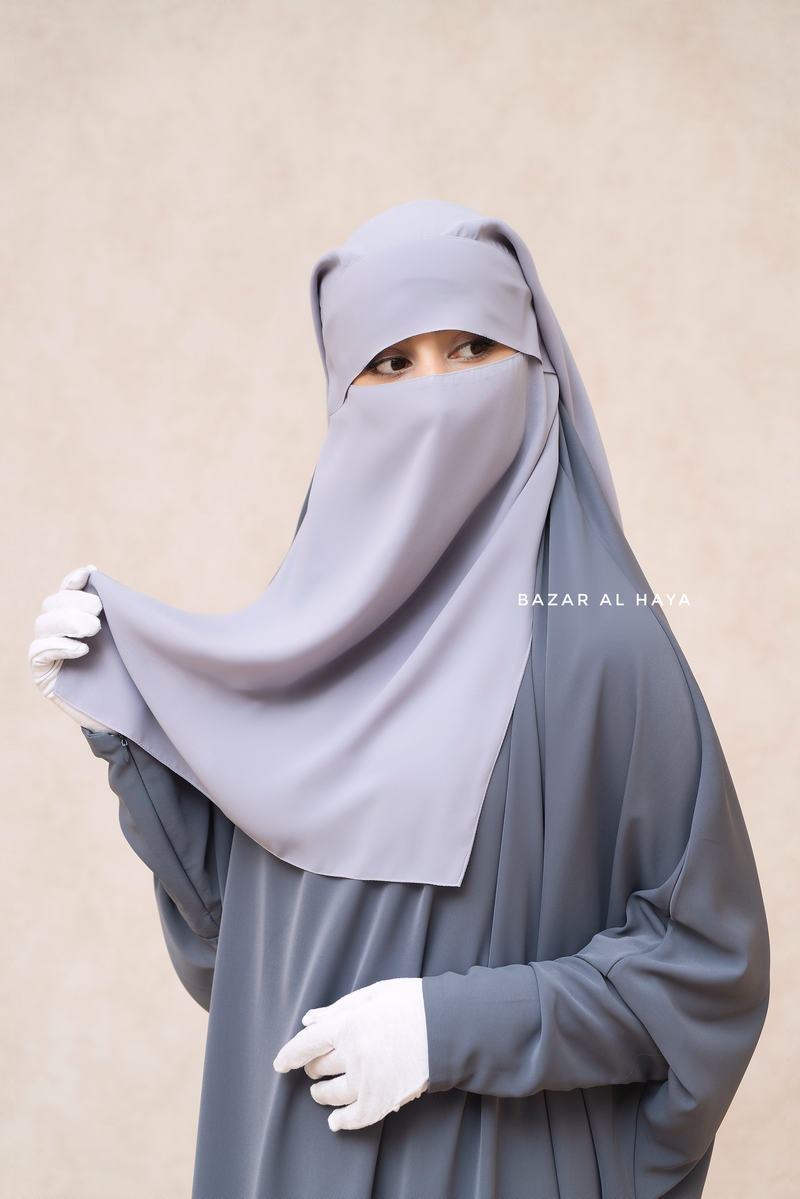 Silver Two Layer Flap Niqab - Premium Wool Chiffon - Medium