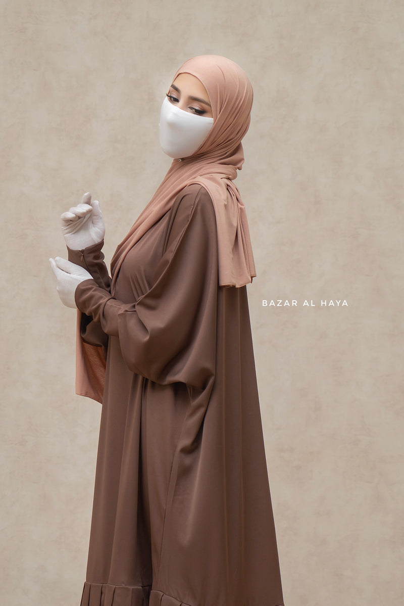 Badra Chocolate Butterfly Abaya With Flair Bottom & Zipper Sleeves - Silk Crepe