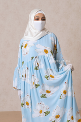 Muna Baby Blue Loose Fit Summer Abaya Dress - Viscose Cotton & Daisy Flower Print