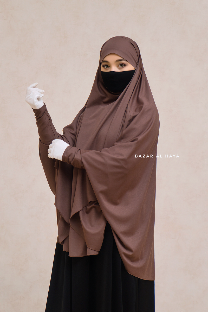 Coffee Cotton Abida Khimar With Sleeves - Soft Cotton