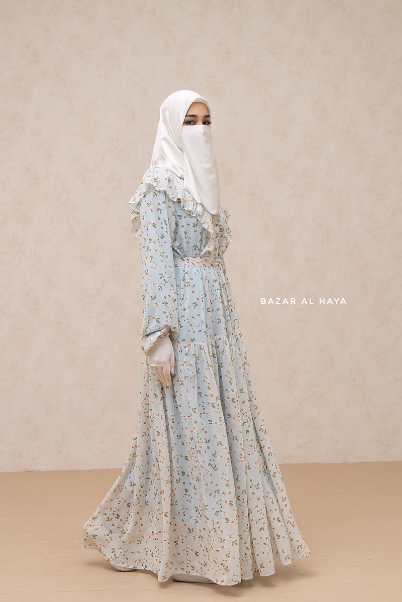 Surayya Light Blue Chiffon Abaya Dress With Floral Print - Ruffled Design