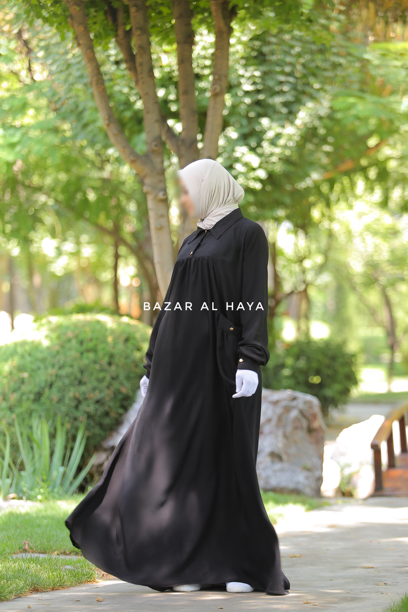 Layla Black Abaya Dress - 100% Cotton Summer Relaxed Fit Dress With Pockets