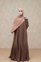 Badra Chocolate Butterfly Abaya With Flair Bottom & Zipper Sleeves - Silk Crepe