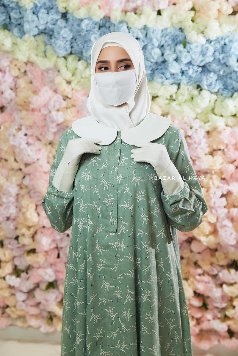 Mint Kamila Floral Summer Abaya Dress With Belt - Breathable Quality Cotton